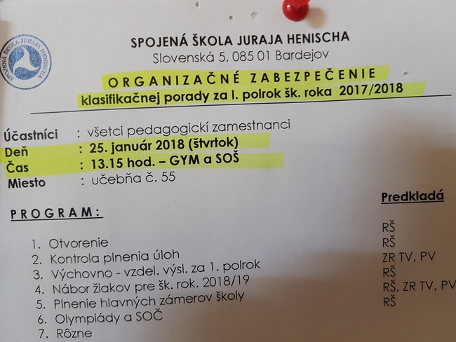Klasifikačná porada I. polrok, šk. rok 2017/2018