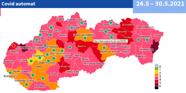 Covid automat Bardejov od 25.5.2021, Mapa rozdelenie okresov Bardejov
