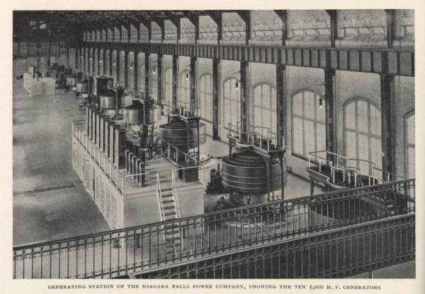 Interiér Power House č. 1. Elektráreň elektrárenskej spoločnosti Niagara Falls, zobrazujúca desať generátorov s výkonom 5 000 HP (americká strana)