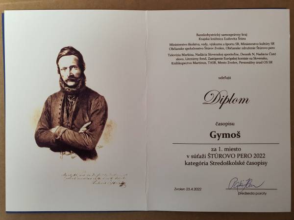 Diplom časopisu Gymoš za 1. miesto