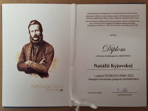 Diplom a prémia kníhkupectva MARTINUS pre Natáliu Kyjovskú